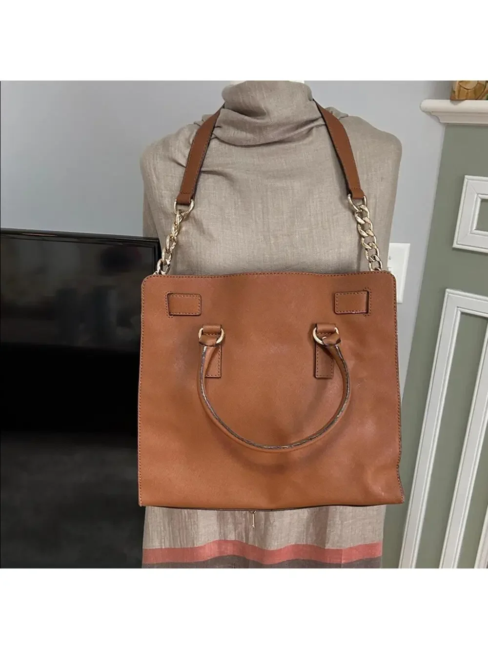 Michael Kors Brown Leather Hamilton Satchel with Gold Details